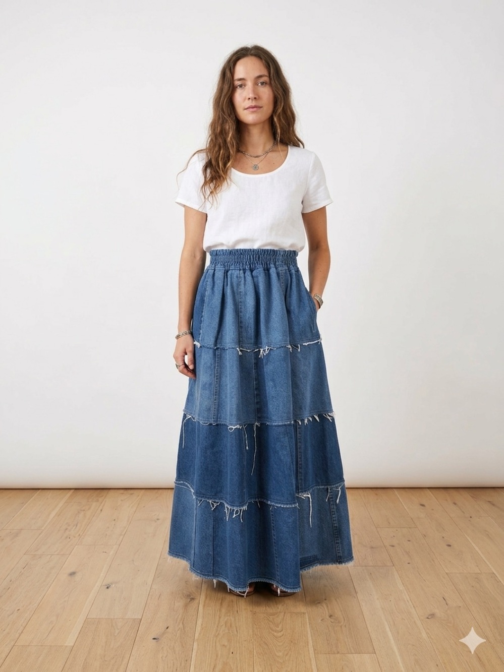 SOLD
Up cycled - Tiered Denim Maxi Skirt - Blue with pockets